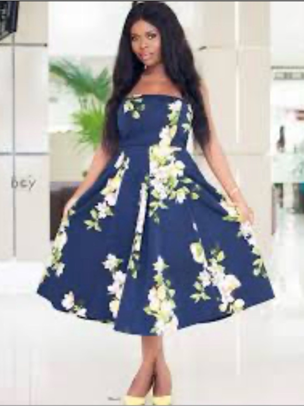 Eva Méndez Strapless Navy Floral & Lemon Fit-and-Flare Dress SZ:14